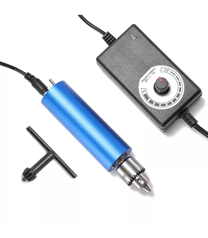 Mini torno regulable con mandril + fuente 12V azul