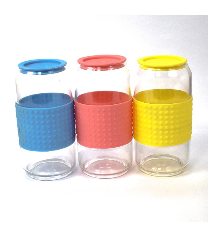Vaso de vidrio, forma de lata con funda antidesliz