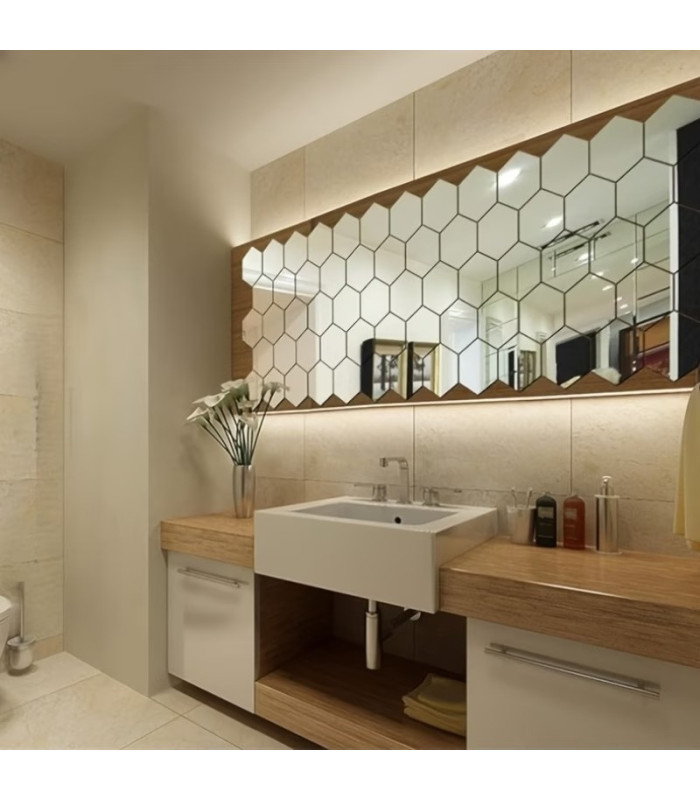 ESPEJO ADHESIVO HEXAGONAL 12.6x11x6.3CM 6PCS