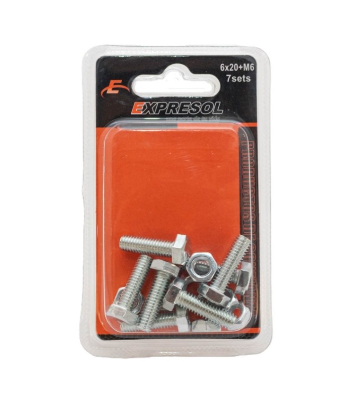 Paquete de tornillos más tuerca de 7 piezas 6x20+m